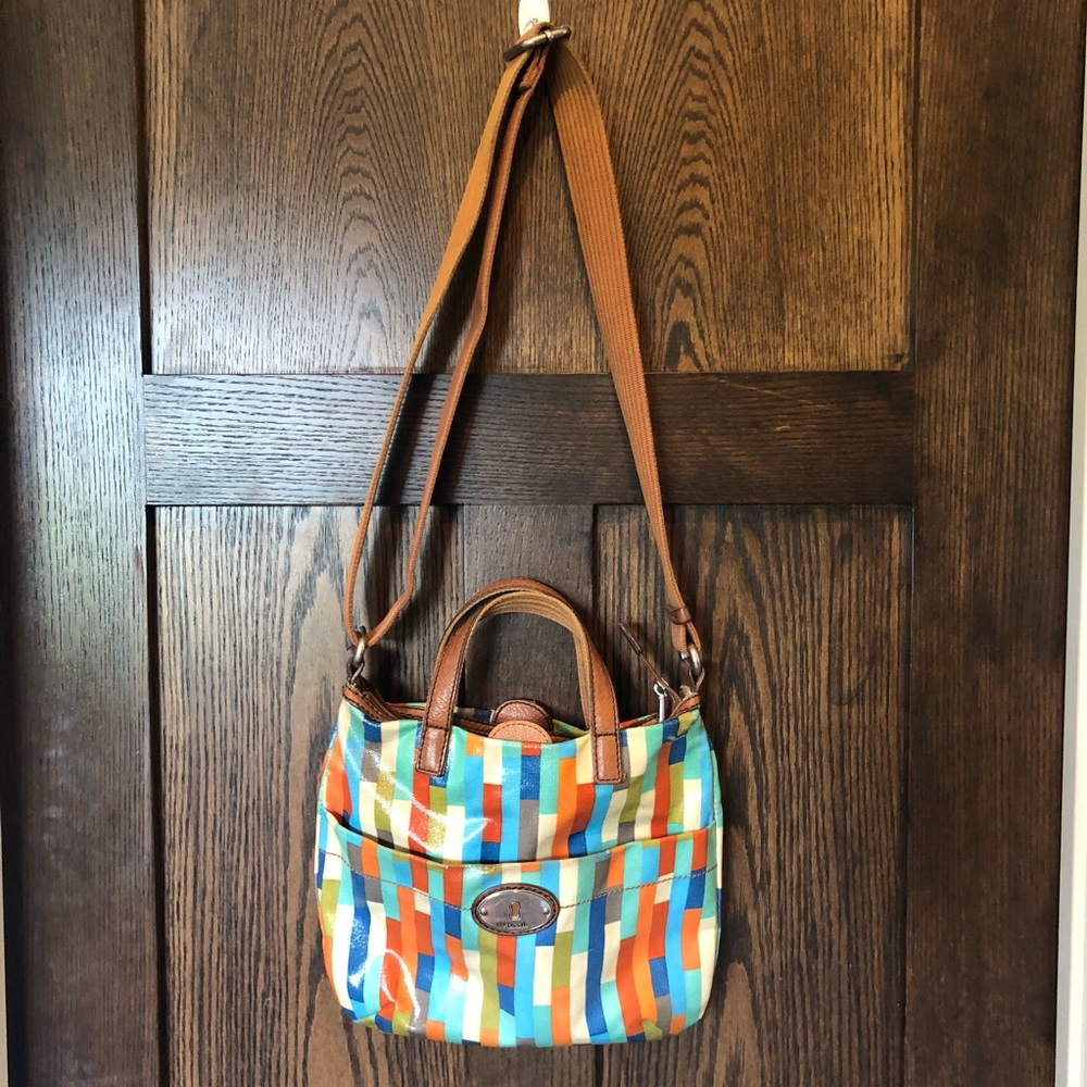 Fossil Crossbody Bag Calypso Key-Per Purse Multi Color Block Coated Canvas Brown